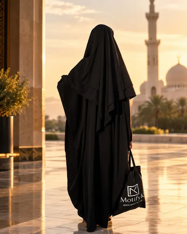 Une femme en abaya noire, de dos, un sac MotifyK à la main, devant une mosquée au coucher du soleil